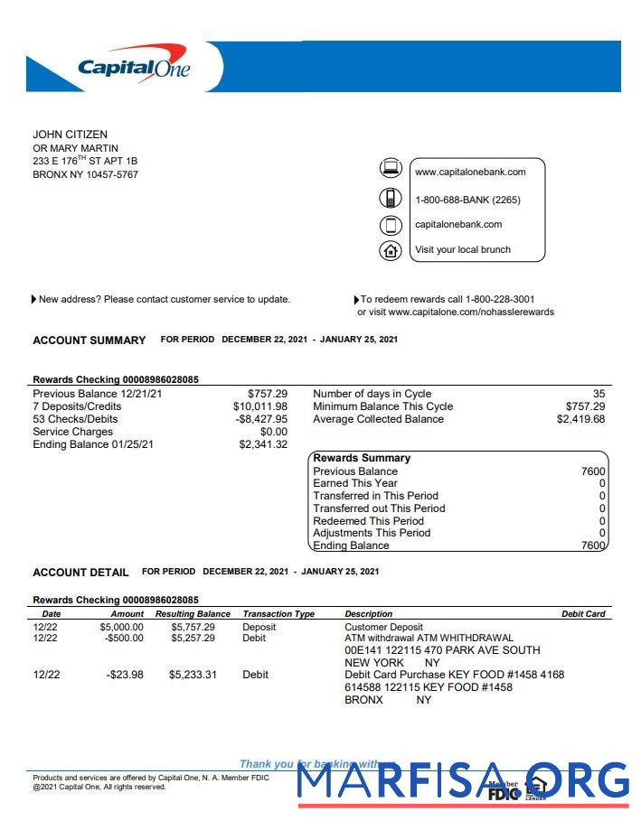 Printable USA Capital One bank statement word version 4 real example